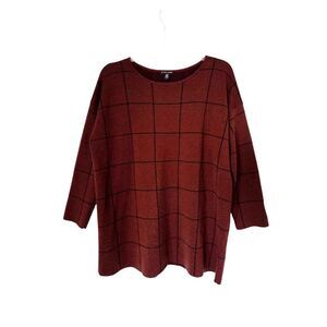 Eileen Fisher Merino Wool Windowpane Grid Tunic Sweater Burgundy Sz L Italian